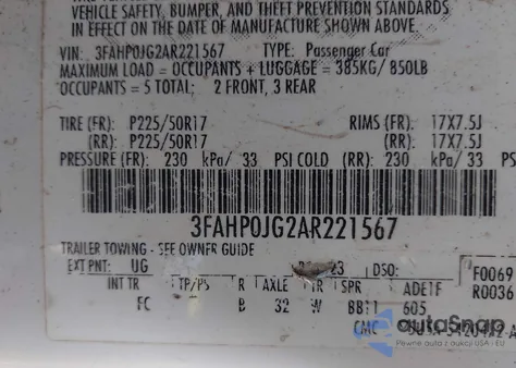 2010 Ford Fusion Sel z USA, uszkodzony, nr VIN 3FAHP0JG2AR221567